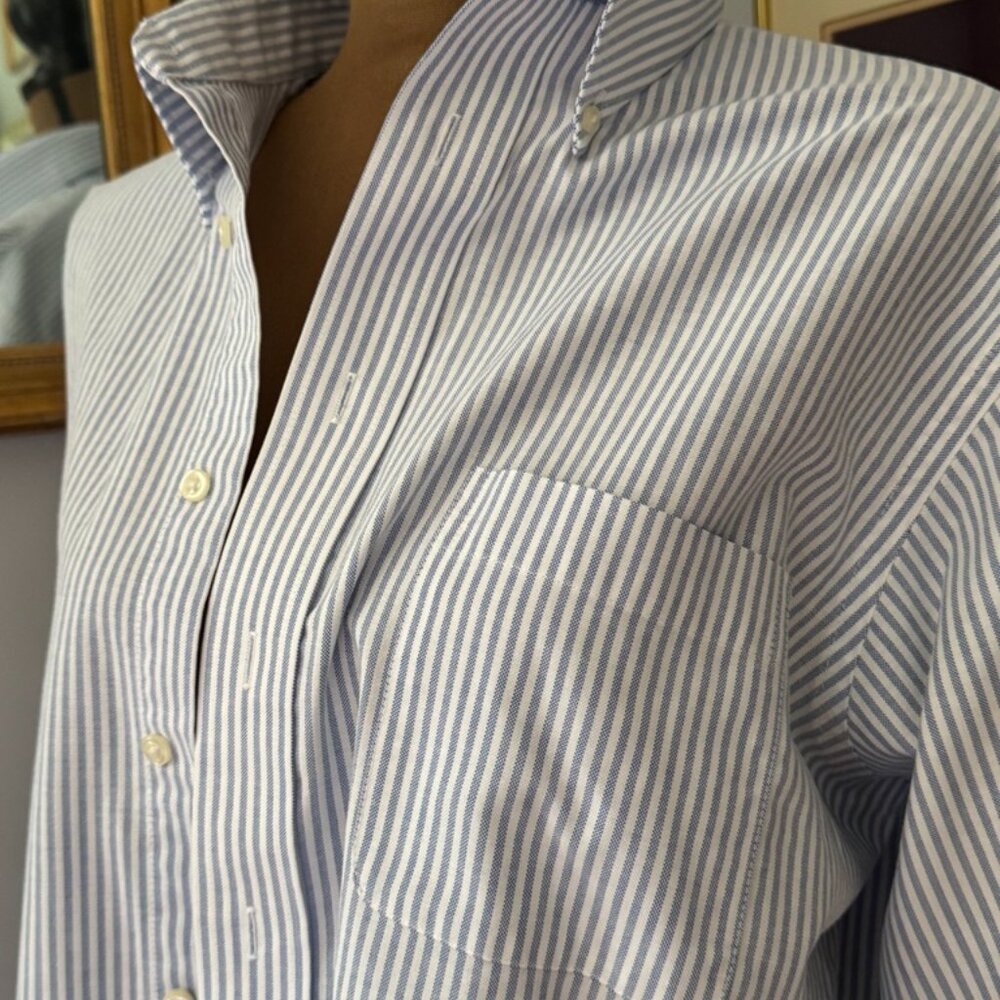 Blue White Stripe Mens Button Down Oxford 16.5 Large